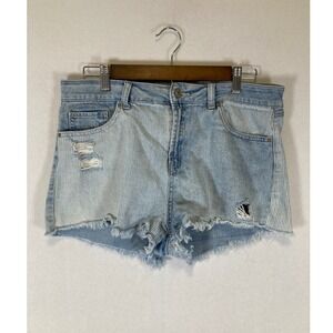 Boho Festival Rewash Womens 31 Blue Striped Mixed Media Distressed Shorts